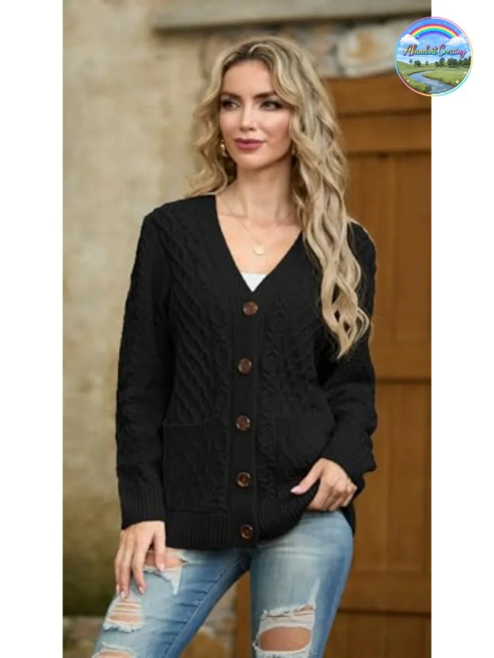 Cable Knit Chunky Cardigan Sweater with Pockets Button V-Neck